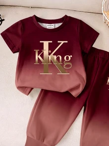 1套男嬰休閒時尚極簡字母KING印花漸層圓領短袖T恤與配套長褲，柔軟夏秋套裝 - 彩色 - 查看 4