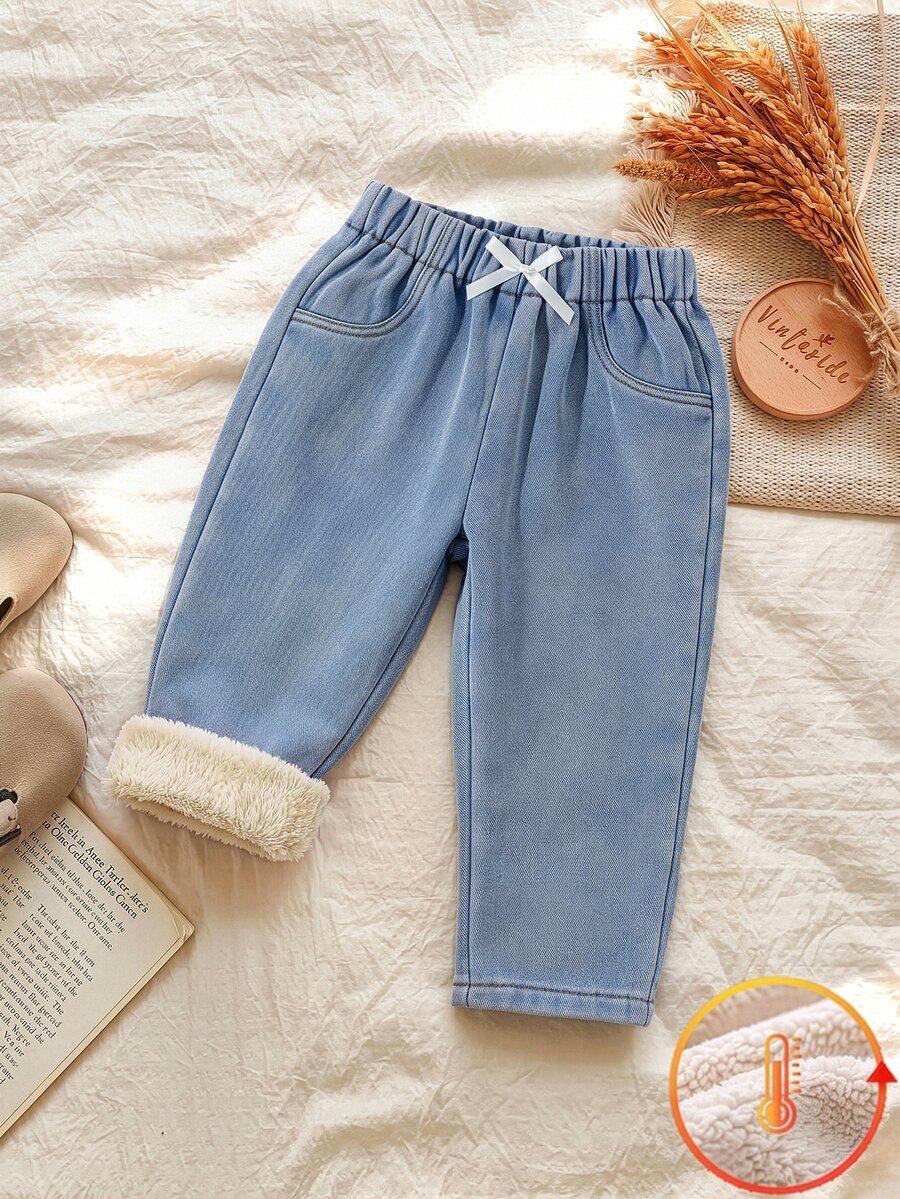 Young Girls' Blue Fleece-Lined Jeans Soft, Warm, And Bow-Accented; Casual Style, Perfect For Back-To-School Suitable For Spring,Autumn,Fall,And Winter - Medium Wash - View 1