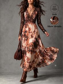 LUMIGAL Deep Brown Lace V-Neck Long Sleeve Cinched Waist Full Skirt Ink Wash Chiffon Bohemian Maxi Dress - Multicolor - View 6