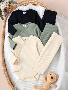 SHEIN 新生兒休閒嬰兒服裝套裝 中性連身衣 長袖輕便褲 米色印花套裝 女嬰新生兒匹配套裝 - 彩色 - 查看 1