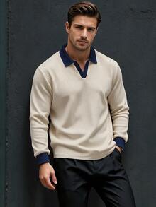 TONEVAULT Men's Casual Colorblock V-Neck Long Sleeve Polo Shirt - Apricot - View 6