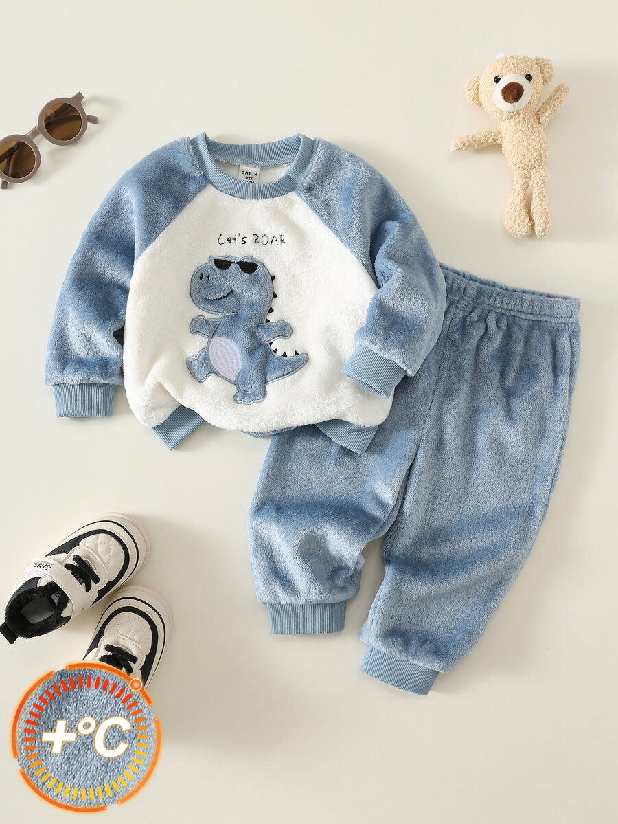 2pcs Baby Boy Autumn/Winter Color Block Cute Cartoon Dinosaur Embroidered Pattern Crew Neck Long Sleeve Pullover Sweatshirt Elastic Waist Long Pants Tracksuits - Multicolor - View 1