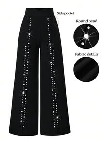 SHEIN LUNE CURVE 大尺碼女款休閒極簡通勤百搭辦公商務風，不對稱珍珠裝飾拼接設計百褶針織面料長褲 春/秋 - 黑色 - 查看 1