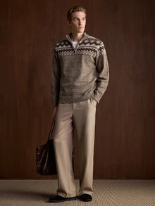 Manfinity CityGents 男士 Fair Isle 針織落肩長袖 1/4 拉鍊毛衣，適合日常中性穿著，老錢風秋季棕色，舒適適合日常外出 - 棕色 - 查看 5