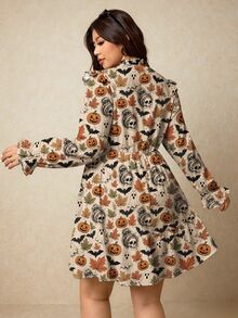 Elaquor Plus Size Autumn/Winter Full Print Ruffle Hem Dress Halloween - Multicolor - View 2