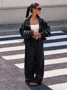 Muchica Black And White Striped Woven Women's Long Sleeve Pants Set, Autumn/Winter - Black - View 4