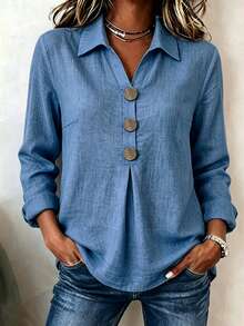 Holdful Holdful New Style Lapel V-Neck Design Versatile Button-Down Women's Shirt - Blue - View 4