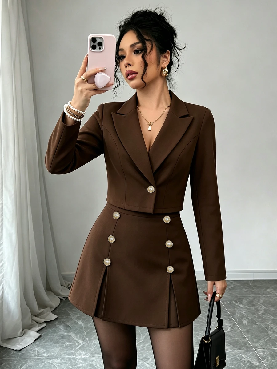 Fine & Folde Lapel Neck Double Breasted Blazer & Skirt Suit Set - Brown - View 1