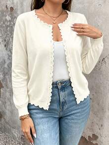 SHEIN LUNE CURVE Plus Size Women's French Romantic Elegant Contrast Color Ruffle Trim Thin Cardigan Casual Minimalist Knit Sweater Office Formal White Autumn - Apricot - View 5