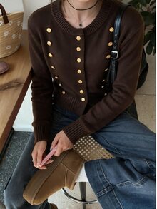 Sweetra Women's Front Button & Wrist Cuff Cardigan - Brown - View 8