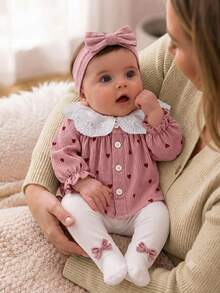 SHEIN 3pcs Baby Girls Top Leggings Set Cute Sweet Pink White Heart Print Lace Bow Ribbed Long Sleeve Peter Pan Collar Regular Party Fall Button - Baby Pink - View 1