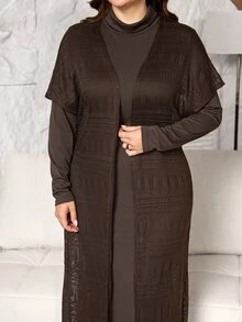 Lacomfia 2pcs Set: Minimalist Solid Color Ribbed High Neck Long Sleeve Fitted Regular Dress And Solid Color Faux Fur Jacquard Batwing Sleeve Fitted Regular Cardigan Jacket, Spring/Autumn Plus Size - Coffee Brown - View 4