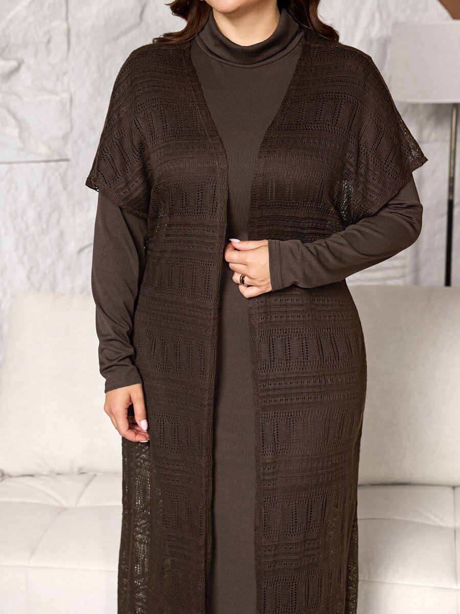 Lacomfia 2pcs Set: Minimalist Solid Color Ribbed High Neck Long Sleeve Fitted Regular Dress And Solid Color Faux Fur Jacquard Batwing Sleeve Fitted Regular Cardigan Jacket, Spring/Autumn Plus Size - Coffee Brown - View 1