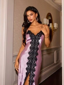 Slumberist Lace Trim Patchwork Faux Silk Hem Slit Sexy Cami Nightgown - Violet Purple - View 5