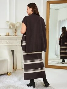 Modelyn Plus Size Women's Colorblock Dress And Shawl Top Knit Set - Khaki - View 2