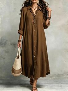 EMERY ROSE Camisa larga de talla grande con botones delanteros de unicolor para otoño - Café integral - Ver 1