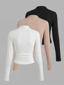 Everyssa Atasan lengan panjang model slim fit dengan kerah tinggi, tersedia dalam warna putih, khaki, dan hitam. Kain lembut, cocok untuk dipadukan dengan pakaian lain. - MultiWarna - View 2