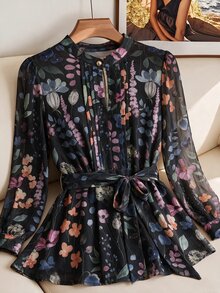 SHEIN Clasi 女款時尚立領主教袖百褶印花襯衫 - 黑色 - 查看 4
