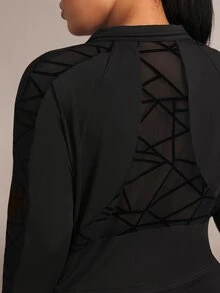 Rhythm Era Women's Plus Size Sports Tight Lifting Set, Sports Jacket With Mesh Patchwork Geometric Pattern And Yoga Pants, Suitable For Sports, Daily Wear, Yoga, Running - Black - View 5
