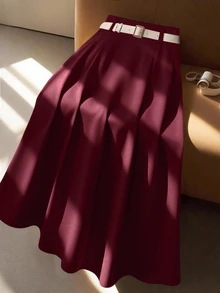 GlowEve CURVE 女款大尺碼高級 A 字高腰通勤裙 - 酒紅色 - 查看 4
