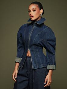 Hauture Women's High Neck Zipper Streetwear Denim Jacket - Dark Wash - View 3