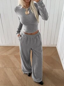 SHEIN EZwear 女款圓領長袖灰色針織休閒運動套裝 - 灰色 - 查看 8