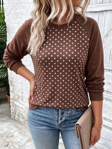 SHEIN LUNE 秋季新款歐美風波點拼接插肩袖女款大尺碼寬鬆顯瘦圓領長袖衛衣，日常通勤休閒居家穿搭 - 彩色 - 查看 4