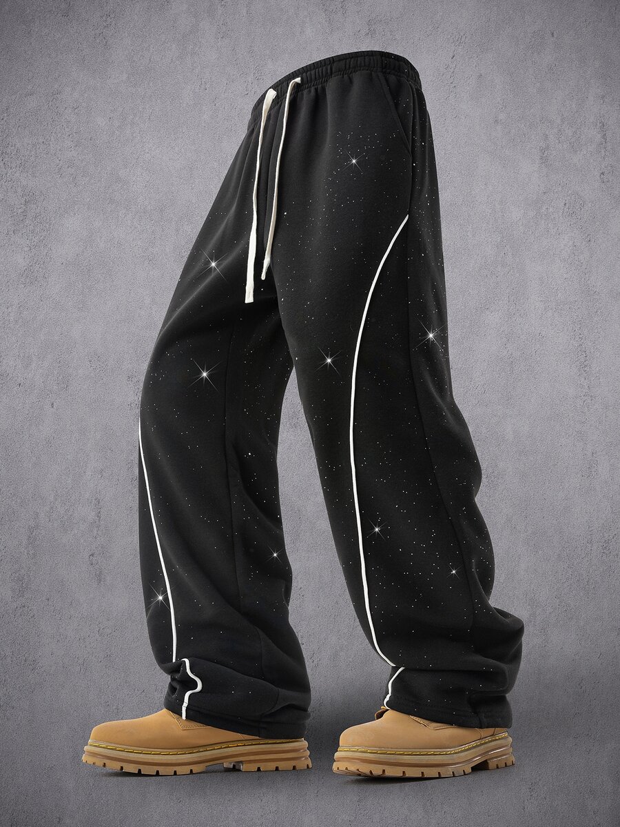 Manfinity Denimwave Men's Drawstring Elastic Waist American Street Style Star Print Casual Wide Leg Long Pants - Black - View 1
