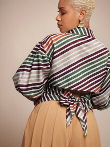Vixey Solid Self Tie Back Collared Button Up Long Sleeve Top - Multicolor - View 2
