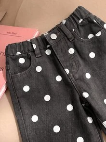 SHEIN Vintaside Kids 女嬰牛仔長褲，四季皆宜，柔軟棉質，休閒時尚百搭舒適，極簡風彈性腰頭，經典五口袋款式，棕色波點印花布料，寬鬆直筒版型，杏色水洗軟牛仔，適合日常穿著與度假 - 彩色 - 查看 4