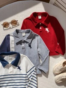 SHEIN 3件組男嬰秋冬休閒針織軟領短袖套頭 Polo 衫套裝，紅色 Polo 衫 - 彩色 - 查看 4