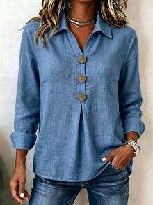 Holdful Holdful New Style Lapel V-Neck Design Versatile Button-Down Women's Shirt - Blue - View 3