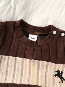 SHEIN 2件組新生兒男嬰中性毛衣褲子套裝 學院風棕色馬刺繡 羅紋長袖圓領 生日冬季秋季休閒服飾 - 棕色 - 查看 5