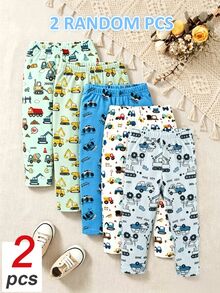 SHEIN 2件隨機款（5款設計中），可愛舒適極簡軟綿休閒恐龍印花迷彩男童長褲，日常穿搭，圖案男孩禮物 - 彩色 - 查看 2