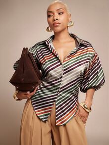 Vixey Solid Self Tie Back Collared Button Up Long Sleeve Top - Multicolor - View 1