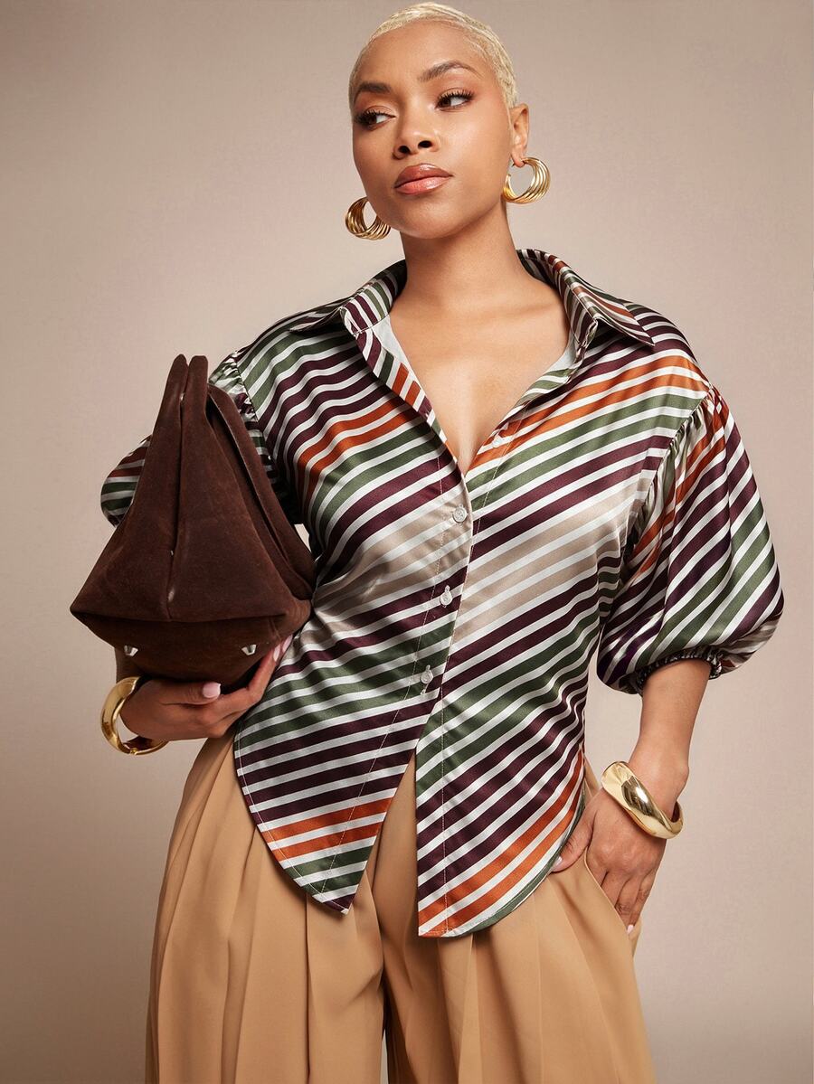 Vixey Solid Self Tie Back Collared Button Up Long Sleeve Top - Multicolor - View 1