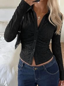 SHEIN EZwear 女款V領長袖單排扣純色上衣 - 黑色 - 查看 1