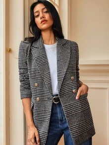 Écloséra Vintage Houndstooth Waist-Cinching Double-Breasted Gold Button Slim Fit Mid-Length Tweed Plaid Blazer Jacket For Women, Autumn/Winter, Elegant Commuter Style - Multicolor - View 1