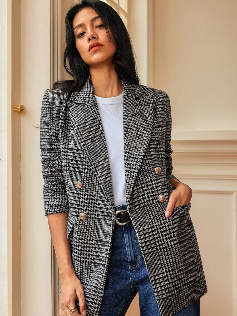 Écloséra Vintage Houndstooth Waist-Cinching Double-Breasted Gold Button Slim Fit Mid-Length Tweed Plaid Blazer Jacket For Women, Autumn/Winter, Elegant Commuter Style - Multicolor - View 1