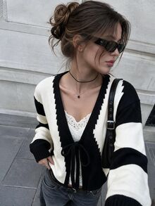 Sweetra V-Neck Bowknot Contrast Stripe Cropped Cardigan - Multicolor - View 8