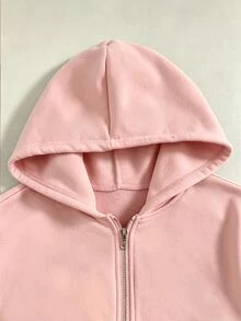 SHEIN 青少年女孩粉色拉鍊落肩長袖寬鬆連帽衛衣外套，保暖內裡，秋冬返校 Y2K 瑜伽沙灘風 - 粉色 - 查看 5
