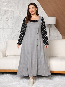 Lacomfia Plus Size Women's Loose Casual A-Line Square Neck Long Sleeve Polka Dot Patchwork Button Decor Autumn Long Dress - Grey - View 3