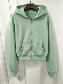 SHEIN 青少年女孩灰色拉鍊前開肩落肩長袖寬鬆休閒可愛連帽衛衣外套，保暖內裡，基礎款，秋冬返校 Y2K 風格 - 薄荷綠 - 查看 3