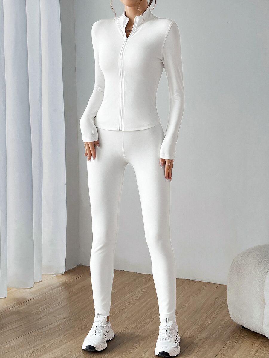 SHEIN EZwear 黑色兩件式運動服裝套裝 拉鍊外套與緊身褲 - 白色 - 查看 1