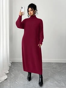 SHEIN Tall CURVE 大尺碼女款秋冬休閒優雅寬鬆高領拉鍊袖針織長洋裝 正式辦公波爾多紅 - 酒紅色 - 查看 4