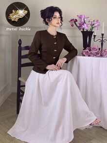 Modelyn 復古金屬扣西裝外套與喇叭裙套裝 秋冬優雅女款職場通勤套裝 適合辦公室、國慶社交、外出正式場合 - 棕色 - 查看 6