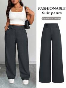 SHEIN PETITE CURVE 大尺碼女款極簡優雅鈕扣口袋設計長褲 - 深灰色 - 查看 1