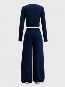 SHEIN Tween Girl Tween Girls T-Shirt Co-Ords Navy Blue Basic Minimalist Crew Neck Long Sleeve Pants 2 Pieces Set - Navy Blue - View 7