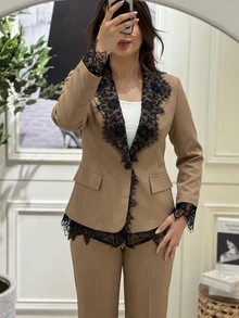 Modelyn Women's Elegant Black Lace Contrast Design Structured Tailored Blazer And Wide Leg Pants Suit Set, Soft Yet Powerful, Plus Size, For Daily Commute And Date - Champagne - View 6