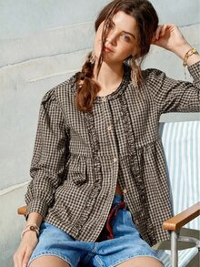 Trelyra 女款圓領荷葉花瓣袖復古格紋休閒長袖襯衫 - 棕色 - 查看 2